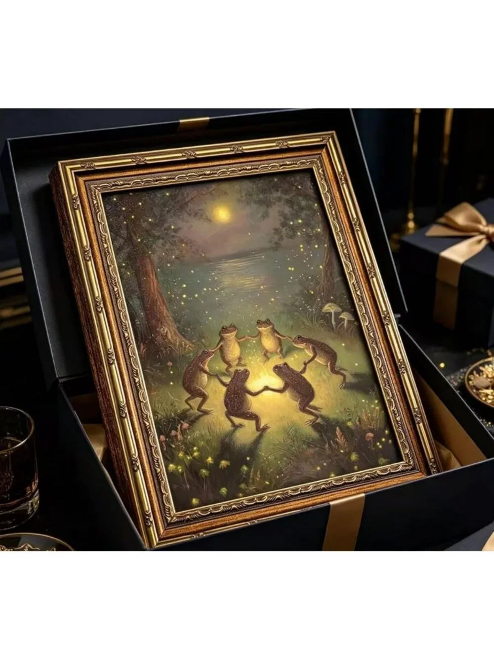 Whimsical Vintage Frog Wall Art - Gold Framed Canvas Print for Living Room